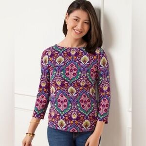 The Talbots Tee Colorful Floral Patterned 3/4 Sleeve Purple Top Size Medium